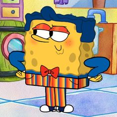 the spongebob character is wearing a bow tie and standing in front of a kitchen