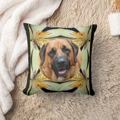 a dog's face is shown on a pillow