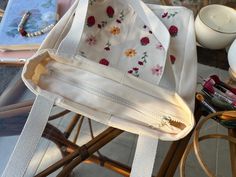 White Cotton Bag With Floral Embroidery, White Cotton Bags With Floral Embroidery, Rectangular Cream Shoulder Bag With Floral Embroidery, Rectangular Floral Embroidery Canvas Bag Gift, White Cotton Shoulder Bag With Floral Embroidery, Rectangular Canvas Bag With Floral Embroidery For Gifts, Rectangular Canvas Bag With Floral Embroidery For Daily Use, Everyday Embroidered Rectangular Canvas Bag, Embroidered Rectangular Canvas Bag For Everyday Use