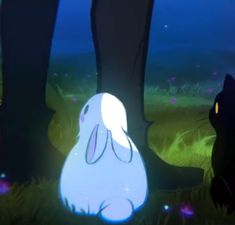 two rabbits sitting in the grass next to each other with glowing lights on their ears