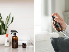 a person holding an object in their hand next to some bottles and a plant on the table