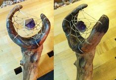 two pictures of a hand holding a piece of wood with purple stones in the middle