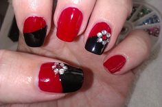 Simple DIY Nail Art Designs: Easy Red and Black Nail Design with Rhinestone Flowers by DIYNailArtDesigns, via Flickr Red And Black Nail, Nail Art Simple, Red Nail Art Designs, Easy Flowers, Nail Art Diy Easy, New Nail Art Design, Red Nail Art, Nail Art Techniques, Nails Design With Rhinestones