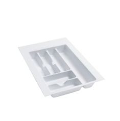 a white tray with three compartments for utensils