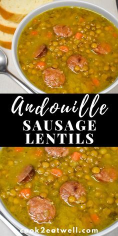 two bowls of sausage lentils with bread in the background and text overlay that reads audoulye sausage lentils