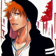 an anime character with orange hair wearing a hoodie and listening to music on his headphones