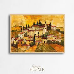 a painting on a wall with the words welcome home written below it and an image of a village