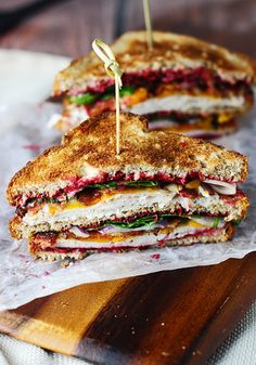 two grilled sandwiches with the words 9 things to do with your thanksgiving leftovers