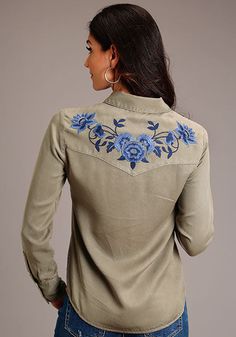 Women's Olive Lyocell Western Style Blouse, Boyfriend Fit, Single Point Curved Front And Back Yokes, Front Faux Pocket Flaps, Snap Front, Self Piping, Embroidered Ladies Western Shirts, Embroidered Western Shirt, Western Designs, Job Clothes, Western Clothes, Aesthetic 2024, Cowboy Gear, Style Lookbook, Brand Ideas