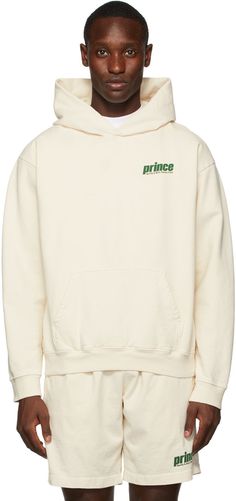 Long sleeve cotton fleece hoodie in beige. · Bonded logo in green at chest and back · Kangaroo pocket at front · Rib knit at cuffs and hem Part of the Sporty & Rich x Prince collaboration. Supplier color: Cream/Pine Sporty Hoodie, Leopard Hoodie, Rich Clothes, White Cafe, Off-white Logo, French Terry Hoodie, Sporty And Rich, White Leopard, Sporty Outfits