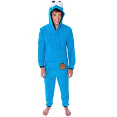 Cookie Monster union suit, guaranteed! Sesame Street is one of the most popular children's television shows ever! Many of us as adults remember the animated and lovable characters like Grover, Bert, Ernie, Big Bird, Snuffleupagus, Elmo, The Count, and more! This Cookie Monster pajama is great for any fan. It has a great costume style look with extra-large 3D eyes on the hood and puffy cookie on the front. It is made from a super-soft 100% polyester Faux Shearling fleece fabric with a contrasting Blue Hooded Sleepwear For Pajama Party, Blue Casual Onesie For Sleep, Casual Blue Hooded Sleepwear, Casual Blue Onesie For Lounging, Blue Casual Onesie For Lounging, Blue Cotton Onesie For Pajama Party, Cookie Monster Pajamas, Cookie Monster Costume, Bert Ernie