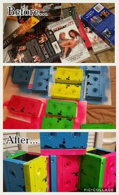 the before and after shots of different colored boxes