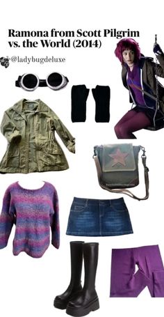 various items are arranged in the shape of a woman's outfit and boots, with text reading ramon from scott pilgrim vs the world 2013