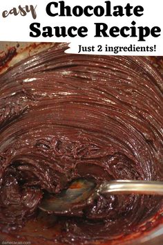 chocolate sauce in a glass bowl with a spoon and text overlay that reads easy chocolate sauce recipe just 2 ingredients