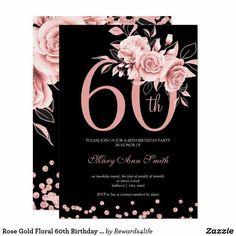 a black and pink floral 60th birthday party card with roses on the front, surrounded by confetti