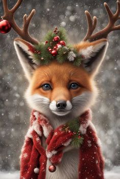 a red fox wearing a christmas hat and scarf with antlers on it's head