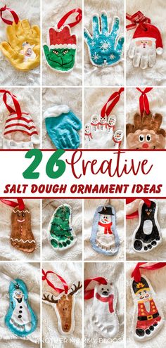 twelve handmade christmas ornaments with text overlay that reads, 26 creative salt dough ornament ideas