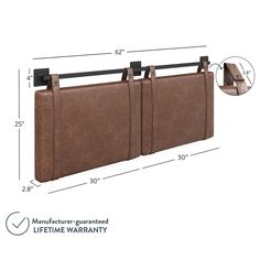 an image of a brown leather purse hanging on a rail with measurements for the width