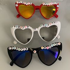 Custom Heart Shaped Sunglasses “Favorite Daughter” Initial Beads Hand Done And One Of A Kind Available In Red White And Black Authentic Swarovski Crystals Available On Ones Displayed With Sold At Kitson In Los Angeles $48 Brand New Trendy Multicolor Heart-shaped Sunglasses, Trendy White Sunglasses For Valentine's Day, Shaped Sunglasses, Heart Shaped Sunglasses, Heart Sunglasses, Favorite Daughter, Kids Sunglasses, Heart Beads, School Days