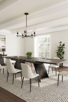 a dining room table with chairs and a potted plant