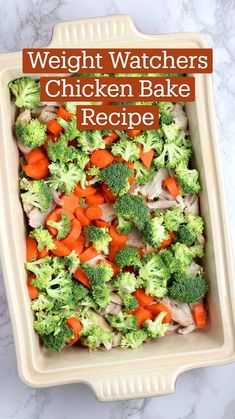 broccoli and carrots in a casserole dish on a marble surface