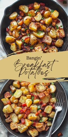 a pan filled with cooked potatoes and bacon on top of a table next to a fork