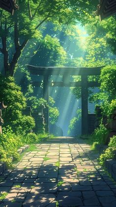 an anime scene with the sun shining through the trees and on the ground, there is a stone path that leads to a gate