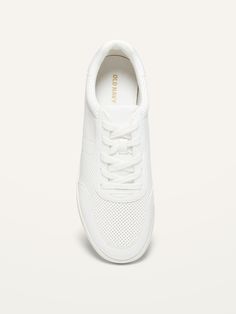 "Smooth, faux-leather low-top upper, with lace-up front.  Cushioned insoles made with memory foam.  Like walking on fluffy little clouds.  Textured thermoplastic rubber midsole and outsole.  To measure your shoe size, place a piece of paper on the gr Comfortable Lace-up Sneakers With Textured Upper, Comfortable Synthetic Sneakers With Textured Upper, Comfortable Sneakers With Textured Upper And Round Toe, Comfortable Lace-up Sneakers With Perforations, Comfortable Lace-up Everyday Sneakers, Comfortable Perforated Lace-up Sneakers, Synthetic Lace-up Sneakers With Textured Upper, Comfortable Synthetic Sneakers With Perforations, Piece Of Paper