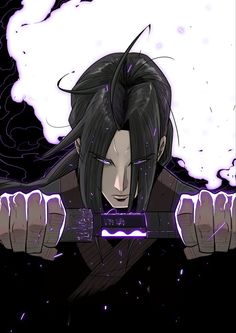 an anime character with black hair holding two swords