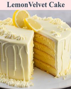 a lemon velvet cake on a white plate