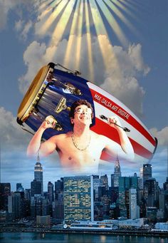 an image of a shirtless man holding a drum in front of a cityscape