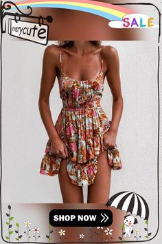 Wsevypo Boho Floral Short Beach Dress Summer Women's Spaghetti Straps Ruffles Sundress Holiday Casual High Waist Flared A-line Sleeveless Ruffled Sundress For Beach Party, Summer V-neck Suspender Dress For Beach, Cami Sundress For Beach Vacation, Beach Season Cami Sundress, Summer Beach Cami Sundress, Fitted Cami Sundress For The Beach, Summer Floral Print Mini Suspender Dress, Floral Print Spaghetti Strap Dress For Summer Parties, Floral Print Mini Suspender Dress For Summer