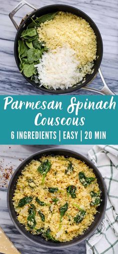 two pans with spinach and couscous in them