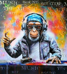 a painting of a monkey wearing headphones and listening to music on top of a table