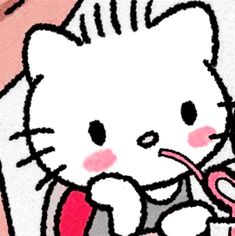 a drawing of a hello kitty holding a pink object in it's hand and looking at the camera