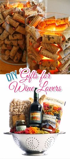 wine gifts for wine lovers are displayed in this collage with the words diy gifts for wine lovers