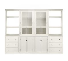 a white bookcase with two doors and three drawers