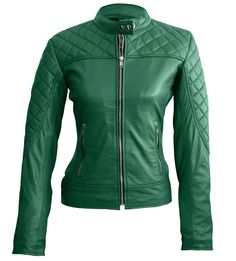 This women green quilted genuine leather jacket exudes a feeling of beautiful simplicity along with form-fitting functionality and a great design sense. With traditional round collar with stud epaulets, this 100% genuine, quilted leather jacket is a must-have for this season. The minimal design along with shoulder and sleeve padding means it will complement a wide variety of your outfits, making the jacket an excellent addition to your wardrobe. With a center zip and two zipped pockets (one on e Pink Biker Jacket, Coloured Leather Jacket, Green Leather Jacket, Punk Woman, Sports Bike, Green Leather Jackets, Blue Leather Jacket, Smart Fit, Long Leather Coat