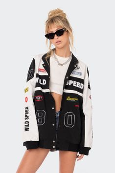 Wild Speed Patch Jacket – edikted Luxury Urban Track Jacket For College, Cheap Urban Track Jacket For Streetwear, Luxury Trendy Outerwear With Letter Print, Luxury Urban Track Jacket For Streetwear, Race Jacket Aesthetic, Racetrack Outfit, Black Racing Style Outerwear For Streetwear, Luxury Sporty Outerwear With Graphic Print, Luxury Track Jacket With Embroidered Logo For Streetwear