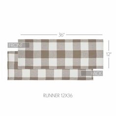 the runner is shown in brown and white checkered fabric with measurements for each piece