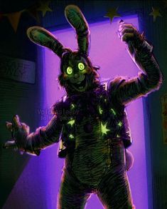 a man dressed up as a rabbit with glowing eyes and ears, standing in front of a purple background