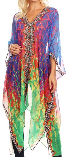 One size regular: Bust 80" (203 cm), Length 37" (94 cm). US 0-26W, EU 34-56, UK 6-30. Shell: Lightweight polyester sheer material with colorful digital print and decorative rhinestones. Care: Hand wash cold, hang dry, iron from reverse if needed. The perfect summer cover up top, flowy and super light. It will keep you fresh and looking beautiful in warm weather! Wear it over swimsuit or as regular top over tanks. Made with lightweight material, roomy with a relax fit, generous armholes and V nec Kaftan Tops, Summer Cover Up, Long Sleeve Rashguard, Weather Wear, Women's Cover Up, Womens Bathing Suits, Sheer Material, Womens Tie, Swimwear Cover Ups