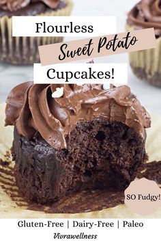 a chocolate cupcake with frosting on top and the words flourless sweet potato cupcakes