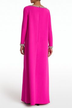 Safiyaa naimal dress in wild strawberry/crystal. HEAVY CREPE: 92% POLYESTER, 8% ELASTANE. LINING: 97% POLYESTER 3% LYCRA. TRIM: 100% RESIN. Dry Clean Made in TURKEY Pink Long Sleeve Embellished Dress, Long Sleeve Embellished Pink Dress, Long Pink Embellished Dress, Formal Gowns Elegant, Strawberry Crystal, Gowns Elegant, Wild Strawberry, Evening Dresses With Sleeves, Elegant Party Dresses