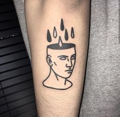 a man's arm with a black and white drawing of a head on it