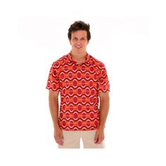 "The DZ Stretch Jersey Men's Polo Tiki Shirt provides comfort and breathability all day long. Golf, tennis, the beach... you betcha! Inspired by a classic 1960s polo shirt. The Dorothy Zudora Lava Luau Print incorporates elements of geometric, space age and op art influences during the Mod fashion movement. All of our signature prints were designed by Dorothy Zudora and printed in the USA. This Tiki Shirt was crafted by extremely talented tailors in our Tampa Bay studio. The model is a 5'11\" ta Red Retro Print Summer Shirt, Retro Summer Polo Shirt With Polo Collar, Red Polo Collar Shirt For Summer, Retro Summer Polo Shirt, Retro Red Hawaiian Shirt For Vacation, Red Retro Hawaiian Shirt For Vacation, Orange Polo Shirt With Polo Collar For Summer, Summer Orange Polo Shirt With Polo Collar, Orange Polo Shirt With Collar For Summer