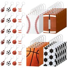 sports themed paper bags with basketballs and balls on them, all lined up in the same pattern