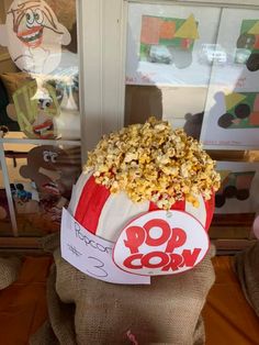 a bag of popcorn sitting on top of a table