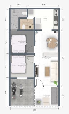 the floor plan for an apartment with two beds and one living room, which is divided into