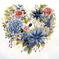 a bouquet of flowers arranged in the shape of a heart on a white background with blue and pink colors